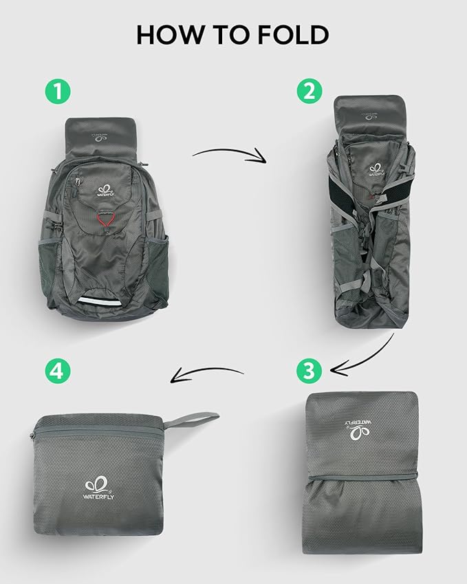 WATERFLY Lightweight Packable Hiking Backpack: 30L Foldable Travel Daypack Ultralight Camping Day Pack for Woman Man Grey
