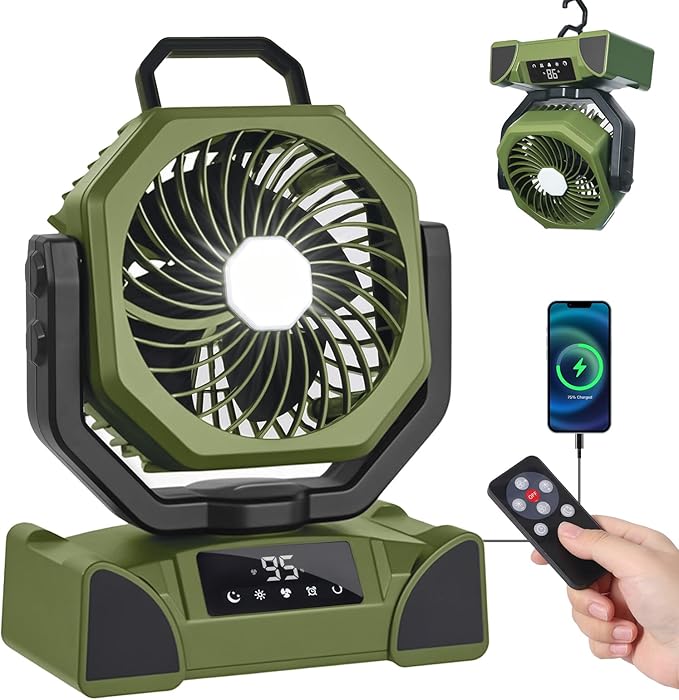 20000mAh Portable Camping Fan, Rechargeable Battery Powered Fan with Remote Control & Oscillating, LED Display, Light, Timer, Rotation, Hanging Hook for Outdoor Camp, Beach, Travel Tent