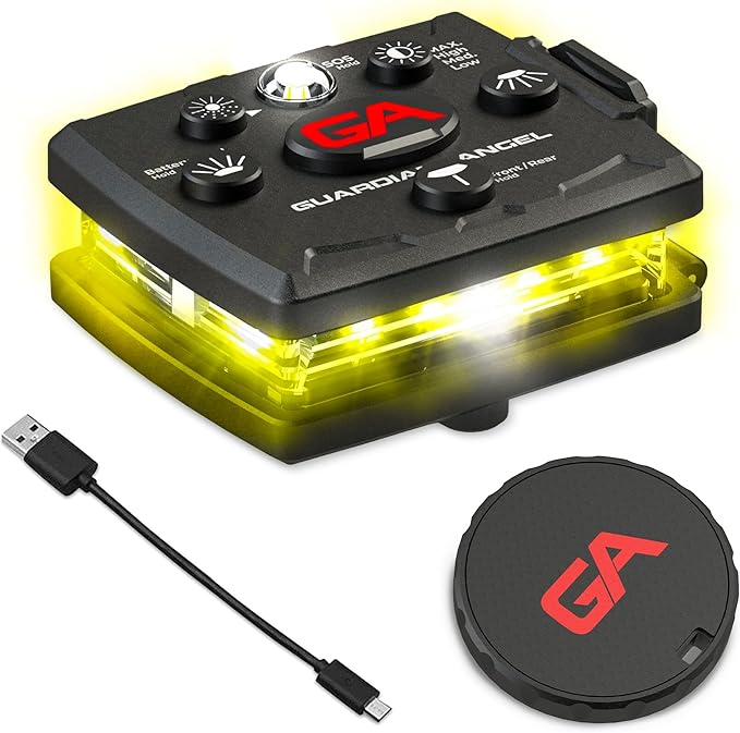 Guardian Angel Micro Series Safety Lights, Beacon Device (Yellow Front & Yellow Rear) |Rechargeable & Hands-Free Wearable LED Light for Dog Walking, Cycling, Hiking, Camping & Fishing
