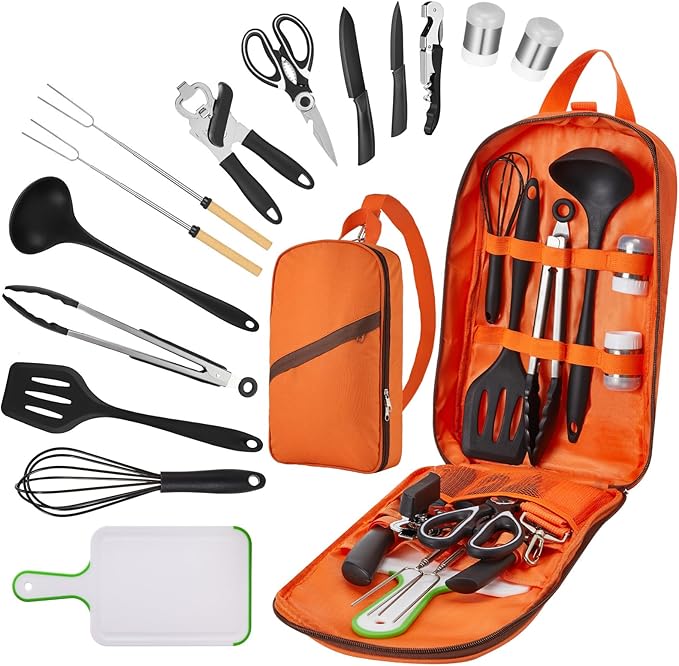 Camping Cooking Set - Camping Utensil Set Car Camping Cooking Essentials Gear for Camp Kitchen Cooking and Grilling, Stainless Steel & Silicone Ideal Gift for RV Tent Camper, Picnics, BBQs