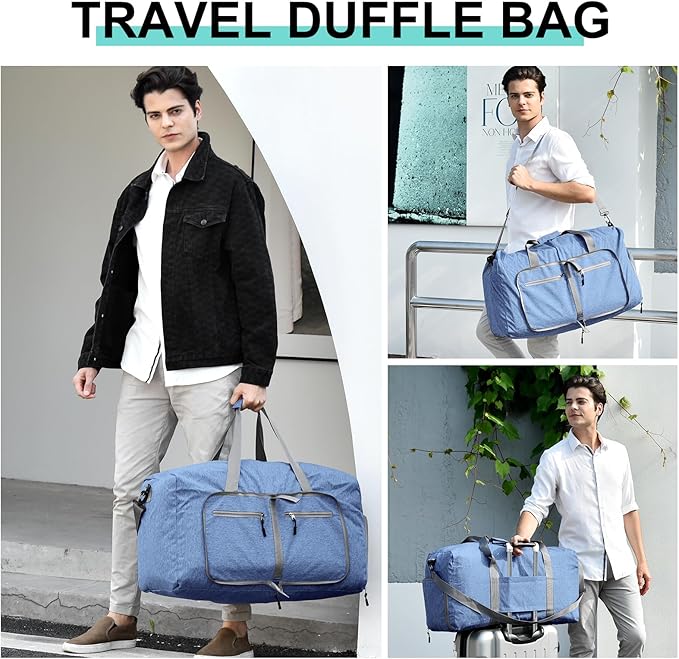 Dimayar 65L Travel Duffle Bag for Men Women - Foldable Duffel Bag with Shoes Compartment - Overnight Bags Waterproof & Tear Resistant(Blue)