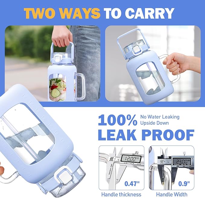 BLUEGO 64 oz Glass Water Bottle with Straw, Tumbler, Half Gallon, BPA Free, Light Blue, Sports, Daily Use, Travel, Hiking, Running, Cycling, Fitness