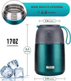 MAXSO Soup Thermo for Hot & Cold Food for Adults Kids, 17 oz Vacuum Insulated Steel Lunch Container Bento Box with Spoon, Leakproof Thermal Food Jar for School Office Travel - Green