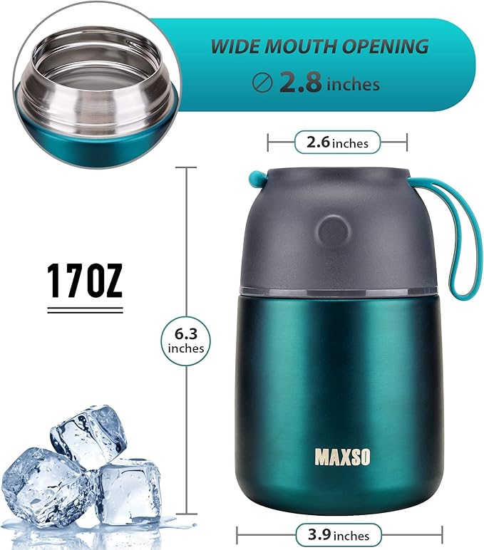 MAXSO Soup Thermo for Hot & Cold Food for Adults Kids, 17 oz Vacuum Insulated Steel Lunch Container Bento Box with Spoon, Leakproof Thermal Food Jar for School Office Travel - Green