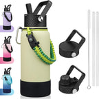 BJPKPK 32oz Insulated Water Bottles with 3 Lids, Paracord Handle & Non-slip Boot, Stainless Steel Metal Water Bottle,Reusable BPA Free Thermo,Macaron Green