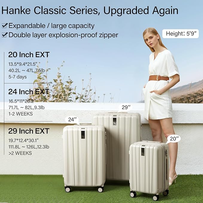 Hanke 20 Inch Expandable Carry on Luggage 22x14x9 Airline Approved Lightweight PC Hard Shell Suitcases with Wheels Travel Luggage Rolling Suitcase Travel Luggage Bag for Weekender(Ivory White)