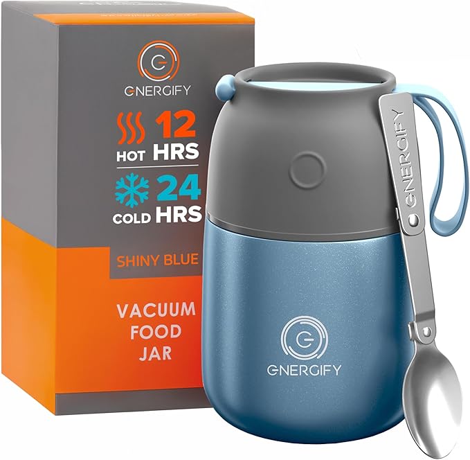 ENERGIFY Vacuum Insulated Food Jar. Large 17oz Bowl incl. Folding Spoon, Cup. Wide Mouth Keep Hot & Cold Drinks Soup Lunch Container for Adults. BPA-Free Stainless Steel, Leak Proof Shiny Blue