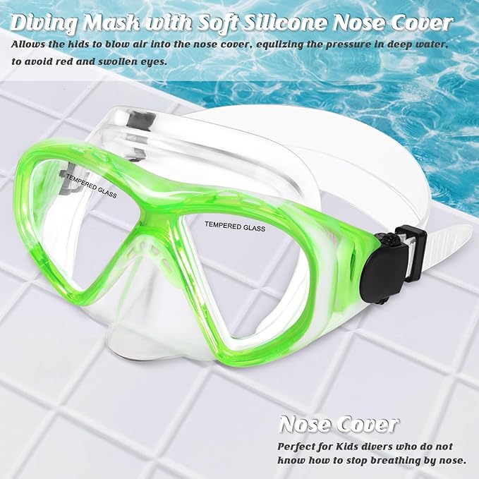 Kids Swim Goggles Snorkel Diving Mask for Boys Girls Ages 5-15, Two-Color Anti-Fog Swimming Goggles with Nose Cover