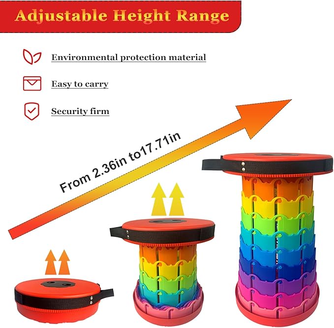 Jakuva Rainbow Travel Camping Stool, Retractable Portable Folding Stool,Collapsible Telescoping Stool with Max Load 360lbs for Adults for Indoor Outdoor Hiking Gardening