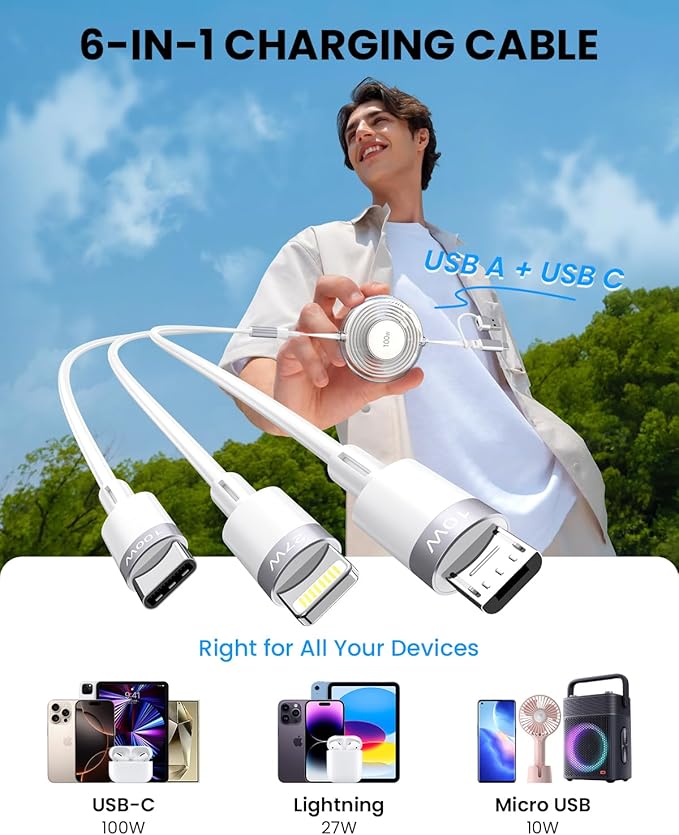 100W Multi USB Charging Cable, 6-in-1 Retractable USB C/Lightning/Micro Multi Charger Cords for iPhones, iPads, MacBook, Tablets, Galaxy, Note & More - 4Ft/1.2M 5A Fast Charging, Portable, White