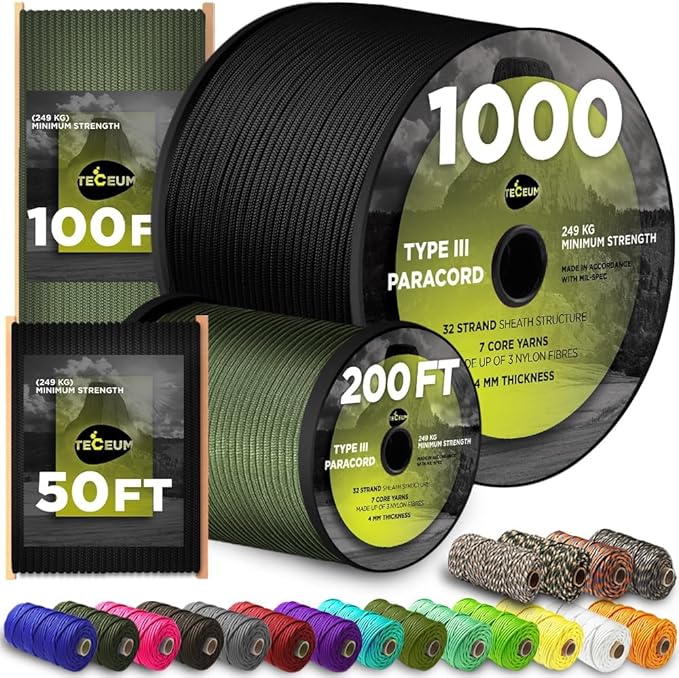 TECEUM 5/32" Paracord Rope 1000 – 1000ft / 200ft / 100ft / 50ft – Tactical Parachute Cord 4mm – 45+ Colors – Nylon String for Survival & Camping Gear – Stripe Cord for Survival – Utility Rope