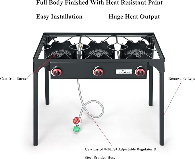 High Pressure Triple Propane Burner Outdoor Propane Camping Stove with 0-20 PSI Adjustable High Pressuer Regulator and Steel Braided Hose 3 Burner Stove Brewing Supply SA3500
