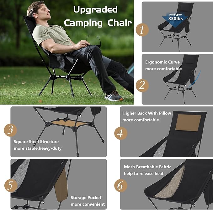 Upgraded Camping Chair, Oversized High Back Low Beach Chair, Lightweight Folding Backpacking Portable Compact Picnic Chair, Black