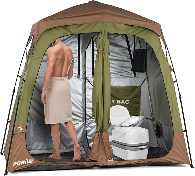 Camping Shower Tent Deluxe Changing Room Easy Set Up Privacy Shelter,Large Toilet Tent with Floor Drain Design for Beach, Camping,Hiking with Stakes and Ropes for Stability