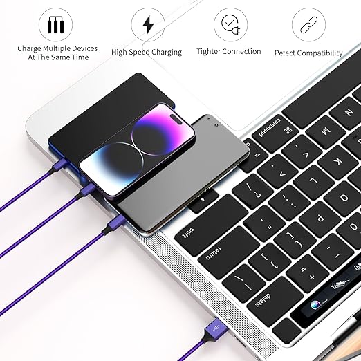 Multi Charging Cable(2Pack 4FT), Nylon Braided 3 in 1 Universal Charger Cable Multiple Charger Cord with Type-C/Micro USB and IP Port, Compatible with Most Cell Phones（Purple）