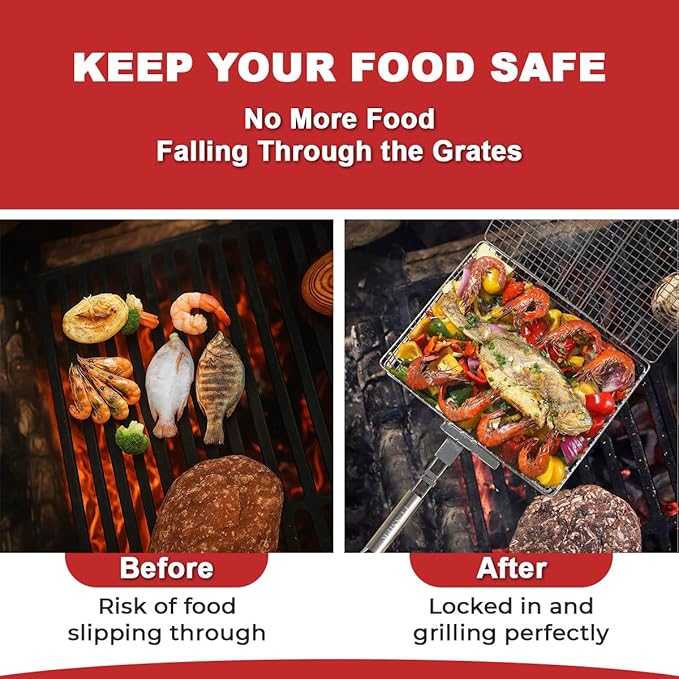 LUSSIER Grilling Basket for Outdoor Grill – Large Foldable Stainless Steel Barbeque Basket with Removable Handle, Skewers & Basting Brush Non-Stick BBQ Grill Basket for Veggies, Fish & Shrimps