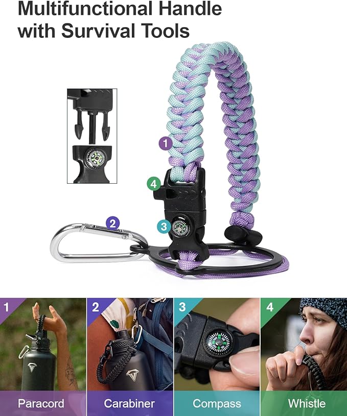 Insulated Water Bottle 64oz,Half Gallon Water Flask Stainless Steel, Cold for 48 Hrs,BPA-Free & Leakproof -with Paracord Handle, Strap,Straw Spout Lids,Large Jug for Gym Sports,Purple Green