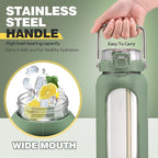 BLUEGO 64oz Water Bottle Glass with Stainless Steel Handle Large Water Bottle with Time Markers and Silicone Sleeve Half Gallon Water Jug BPA Free for Gym Daily Use, Olive