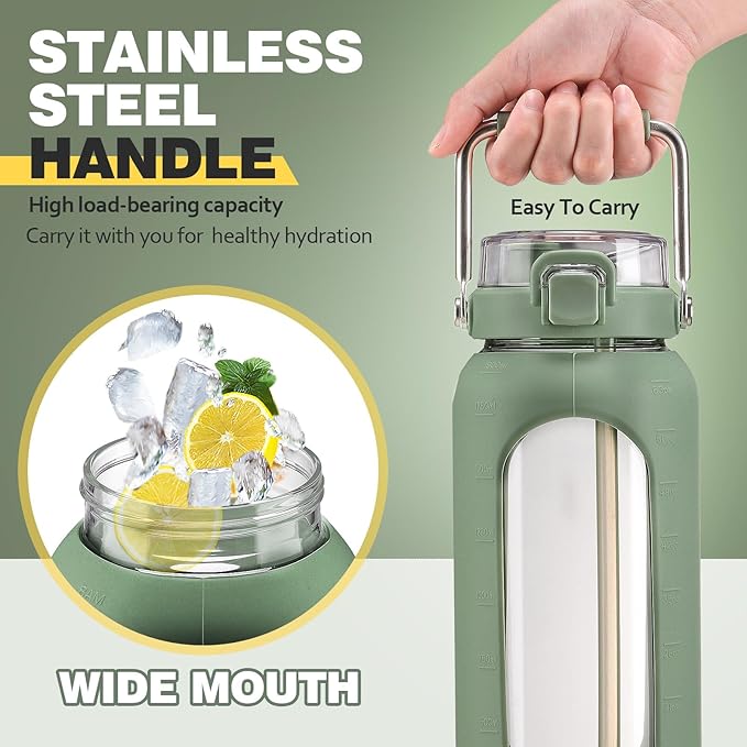 BLUEGO 64oz Water Bottle Glass with Stainless Steel Handle Large Water Bottle with Time Markers and Silicone Sleeve Half Gallon Water Jug BPA Free for Gym Daily Use, Olive