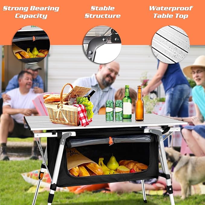 35IN Aluminum Camping Table with Large Storage Bag, Portable Roll-Up Folding Camp Table Adjustable Height Outdoor Kitchen for Camping Picnic Beach