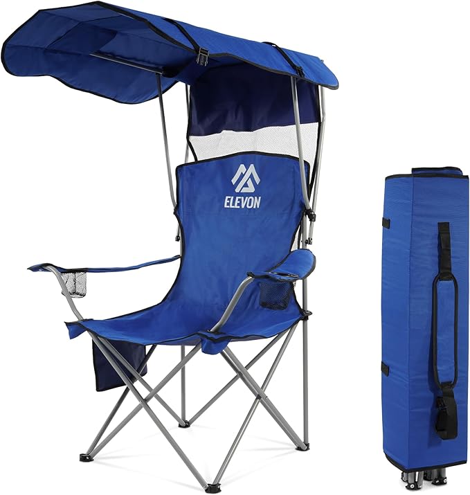 Camping Chair, Oversized Folding Chair with Canopy, Portable Outdoor Chair with Arms, Cup Holder and Carry Bag for Camping, Fishing, Beach, and Sports, Sky Blue