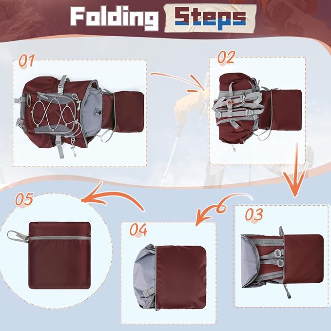 RAINSMORE Foldable Hiking Backpack for Women Men Packable Camping Backpack 40L Waterproof Hiking Daypack Bag Lightweight Collapsible Daypack for Travel Trekking Mountaineering Large Capacity Red