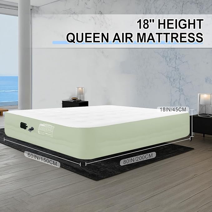 Queen Air Mattress wit with 1300mAh Battery Powered Pump,18"Raised Super soft and comfortable Dutch velvet fabric750lbs Support Portable Inflatable Mattress,Air Bed for Camping, Home and Guest-Green