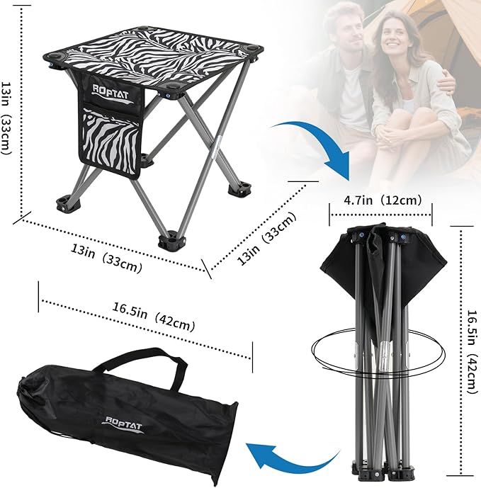 Roptat Camping Stool,Portable Folding Compact Lightweight Stool Seat for Camping Fishing Hiking Gardening Outdoor Walking Backpacking Travelling and Beach with Carry Bag (Zebra)