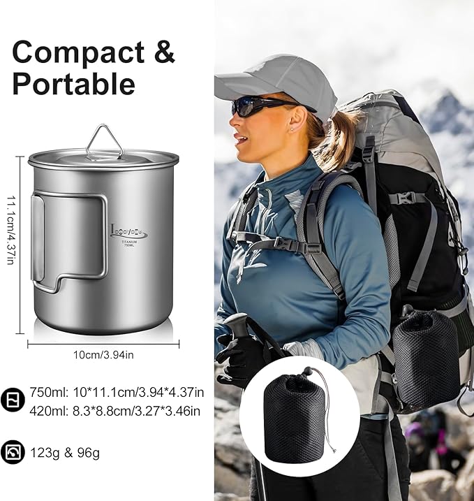 Titanium Pot with Lid, Lightweight Camping Pot with Foldable Handles, Portable Titanium Cooking Pot, Backpacking Pot Titanium Cookware with Carry Bag