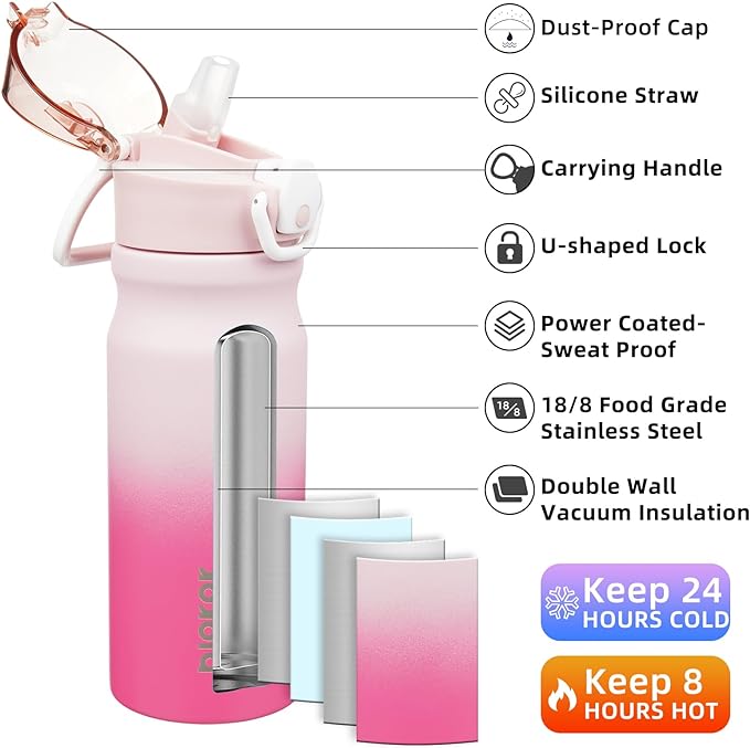 BJPKPK 18oz Insulated Water Bottle With Straw Stainless Steel Double Wall Water Bottles BPA Free Leak Proof Thermo With Lockable Flip Lid And Soft Silicone Spout,Cherry Blossom