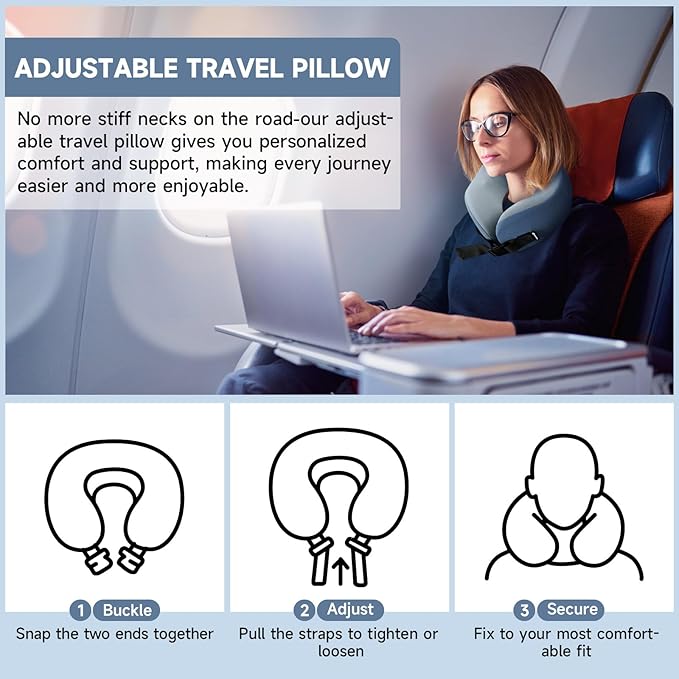 SPRFUFLY Neck Pillow for Traveling, Airplane Pillow with Sleep Mask and Ear Plugs, Breathable Removable Cover & Ergonomic Design - Essentials Travel Pillow for Airplane/Car Road Trip(Azure Blue)