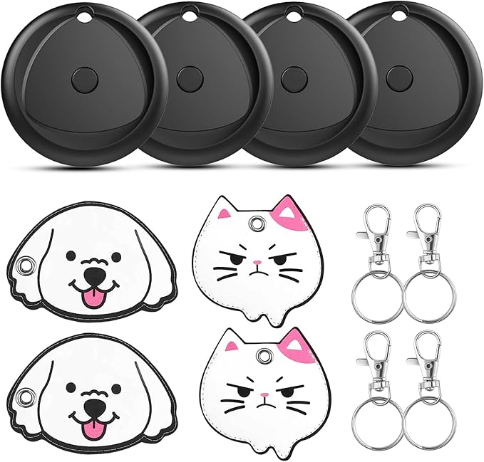 Air Tracker Tags-4 Pack and 4 Free Leather Keychain Holder Work with Apple Find My (iOS Only), Bluetooth Tracker Key Finder, Replaceable Battery Smart Tag Item Locator for Keys, Wallet, Luggage