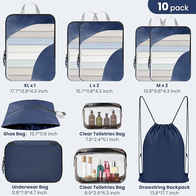 10 Set Compression Packing Cubes, Lightweight Travel Essentials, Stretchable Expandable Storage Bags, Compression Bags for Travel Accessories Luggage Storage Set (10 Pcs, Navy Blue)