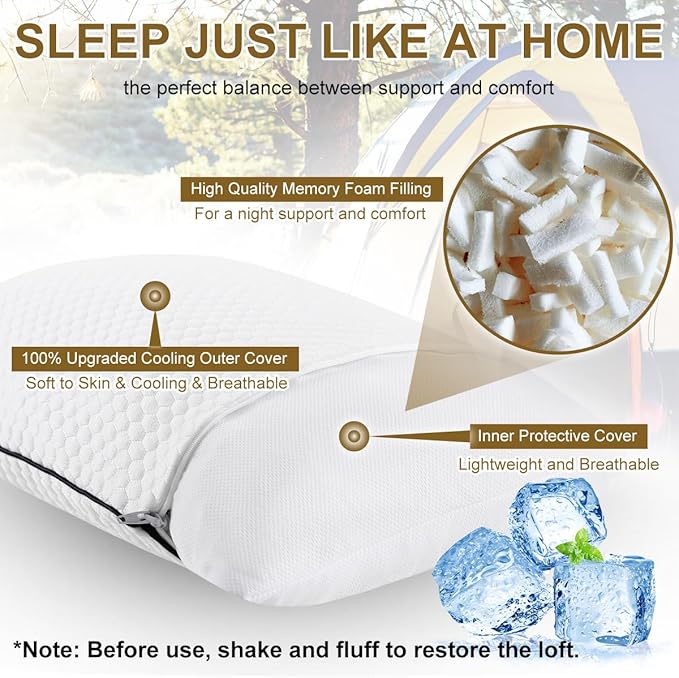 Ivellow Travel Pillow Camping Pillow for Sleeping Small Cooling Shredded Memory Foam Pillow Compressible Compact Medium Firm,Breathable Soft Cover,Outdoor Car Backpacking Hiking Essential Gear White S