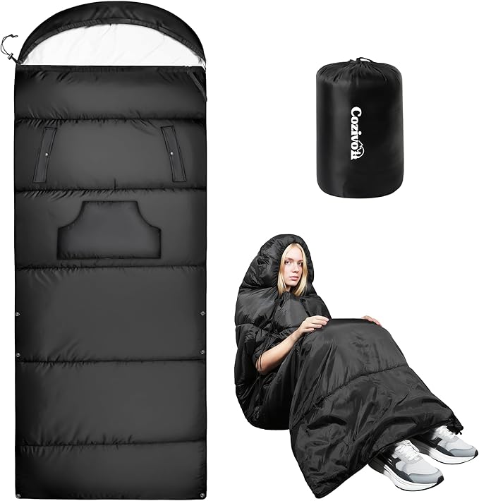 Adjustable Height Sleeping Bag for Adults - Wearable 3-Season Lightweight Waterproof with Arm Ports & Windproof Hood Design for Camping Hiking Backpacking(31.5“x87”)