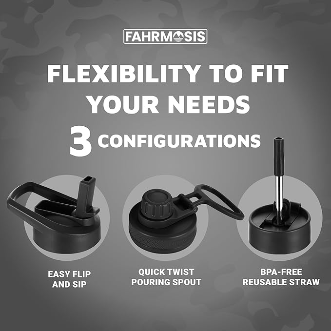 64 Oz Water Bottle with Straw Stainless Steel Sports Water Bottle with 3 Lids (Straw, Chug and Flip Lid) Leak Proof Metal Half Gallon Jug for Men & Women - Black