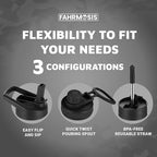 64 Oz Water Bottle with Straw Stainless Steel Sports Water Bottle with 3 Lids (Straw, Chug and Flip Lid) Leak Proof Metal Half Gallon Jug for Men & Women - Black