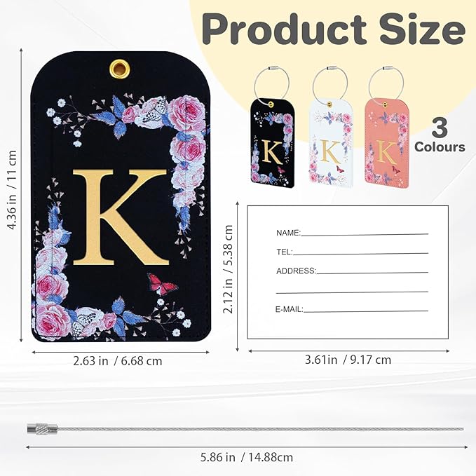 3 Pack Luxury Floral Luggage Tags, Durable PU Leather Suitcase Tags with Stainless Steel Cable Strap, Hidden ID Slot for Privacy Protection, Easy to Identify Waterproof Travel Accessories Gift (K)