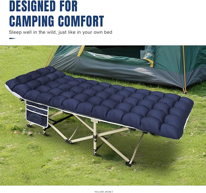 YELLOW JACKET Camping Cot with Mattress for Adults, Folding Sleeping Cot 600lbs Max Load, Portable Camping Cot with Carry Bag, 28" Wide Cot for Camping, Home,Office,Travel (Blue)