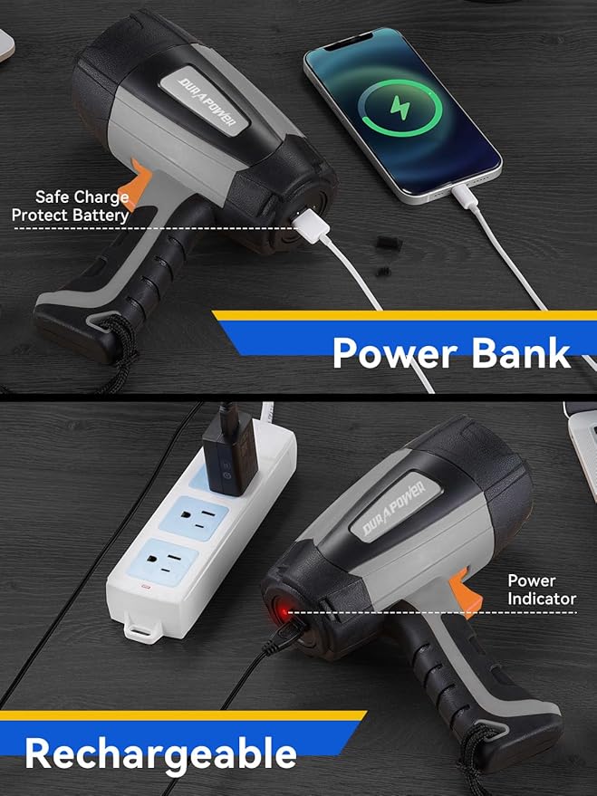 Durapower Rechargeable Spotlight, 500 Lumens LED Spotlight Flashlight, IPX2 Waterproof Handheld Spot Light for Indoor Outdoor Farm Camping Emergency (Grey)