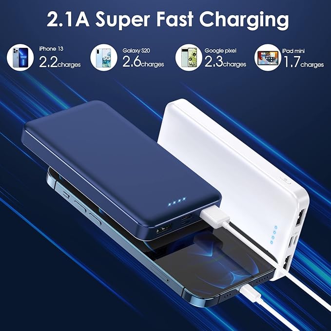 [2 Pack] Portable Charger Power Bank 10000mAh,Ultra Slim Compact External Battery Pack with USB C Input & Output Backup Charger Compatible with iPhone 16/15/14/13, Galaxy S24,Android etc-Blue+White