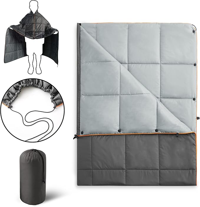 UNIKOME Outdoor Packable Camping Blanket, Lightweight Travel Blanket for Hiking, Camping, Dual-Sides Waterproof Puffy Down Alternative Camping Blanket with Snap Clasps, 75"×52", Grey&Light Grey