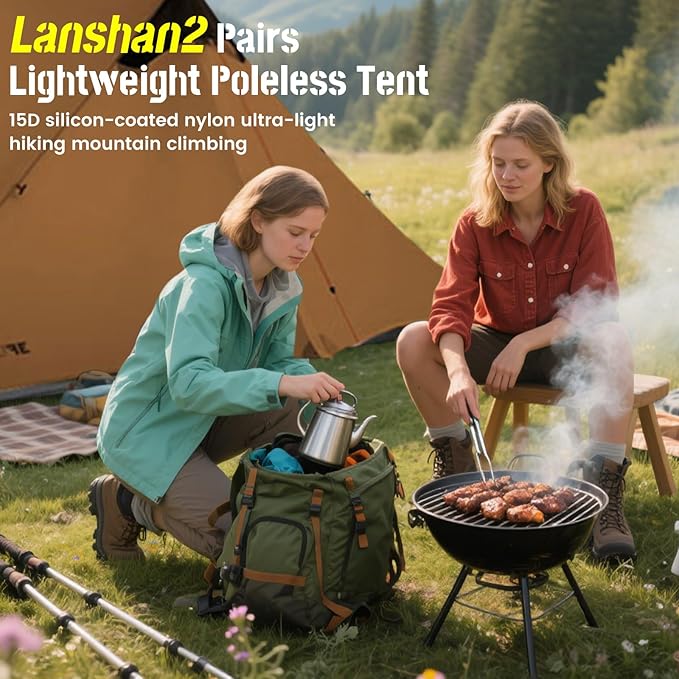 Lanshan 2 Person Tent Hiking Ultralight Camping Tent Professional 15D Silnylon Rodless Trekking Pole Tent Waterproof Backpacking Outdoor for Camping, Bivvy