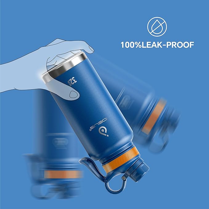 IDEUS Insulated Stainless Steel Water Bottle with 2 Leak-Proof Lids, Thermal Water Flask for Hiking Biking, 32oz, Bright Blue
