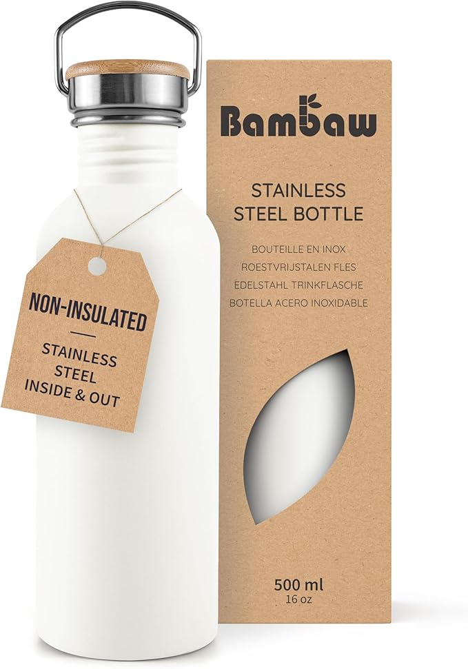 Bambaw Stainless Steel Water Bottle 16 oz - Non-Insulated, Dishwasher Safe, for School - Small Size Metal Bottle - Polar White