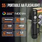 S5 1400 Lumens Mini Flashlight Rechargeable- Super Bright LED Pocket Light with Magnet & Clip, Red/Orange Diffuser,Small AA EDC Flashlight for Outdoor, Camping, Hiking, Emergency