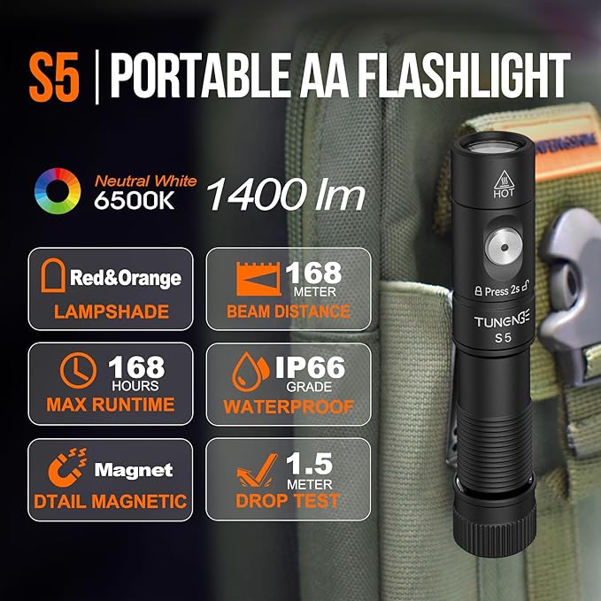 S5 1400 Lumens Mini Flashlight Rechargeable- Super Bright LED Pocket Light with Magnet & Clip, Red/Orange Diffuser,Small AA EDC Flashlight for Outdoor, Camping, Hiking, Emergency