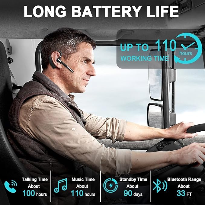 CANDEO Bluetooth Headset, Wireless Bluetooth Earpiece Hands-Free Earphones with Built-in Mic for Driving/Business/Office, Compatible with iPhone and Android
