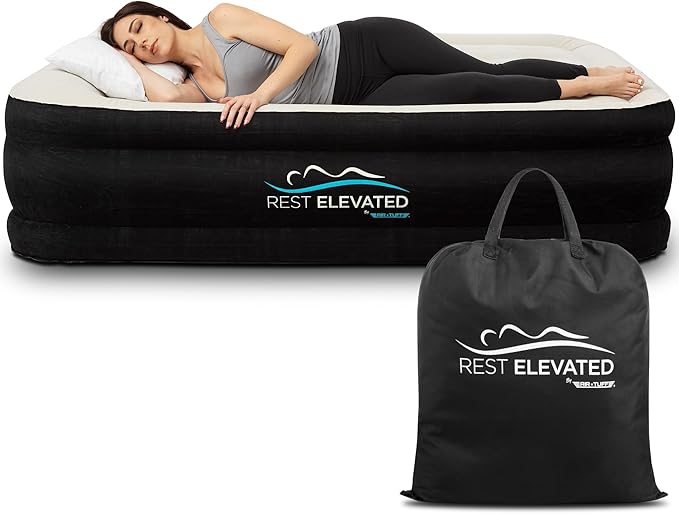 RestElevated Luxury Pillow Top Queen Size Air Mattress with Built in Pump | 20" Raised Height with Coil Beam Support | Adjustable Blow Up Air Bed | for Home, Guests and Camping [Black with Cream Top]