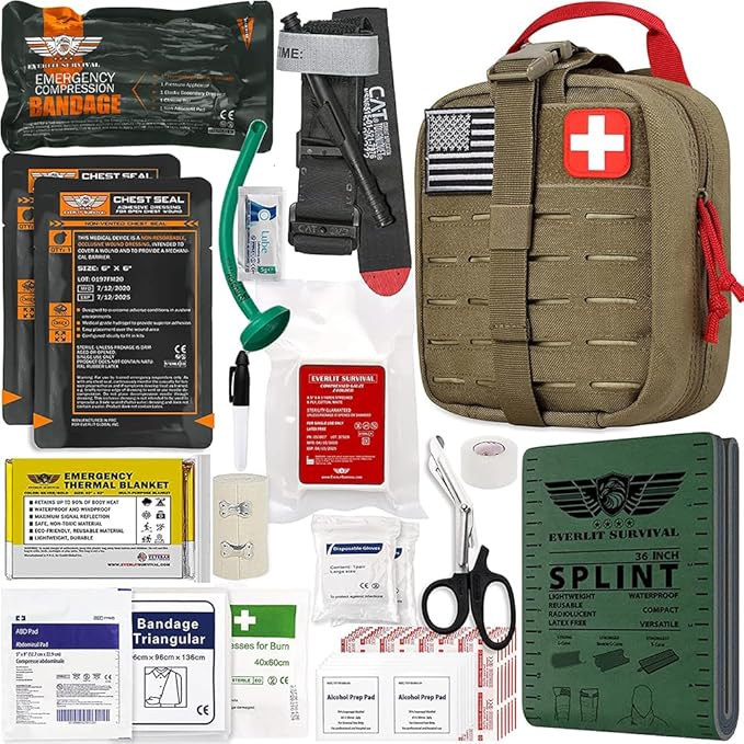 EVERLIT Advanced Emergency Trauma Kit, CAT GEN-7 Tourniquet Mil-Spec Nylon Laser Cut Pouch with 36" Splint, Military Combat Tactical IFAK for First Aid Response Bleeding Control
